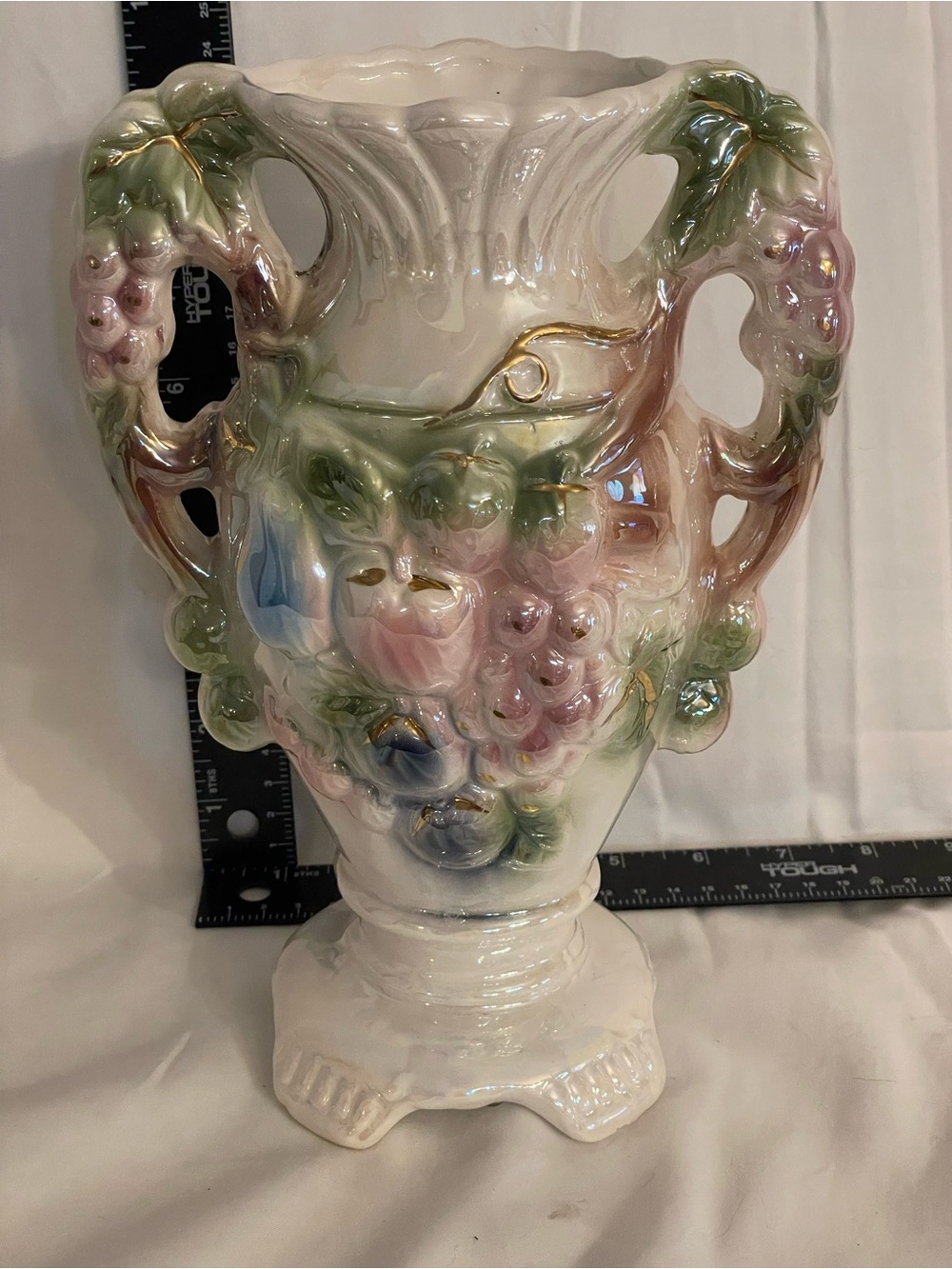 Ornate Pastel Floral Ceramic Vase - White and Pastel Greens